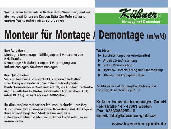 Personalanzeige Küßner Industriedemontagen GmbH - Monteur für Montage / Demontage (m/w/d) - mit drittem Geschlecht d - wie divers MT MARKETEER 2019-01-21, Michael Tönsing