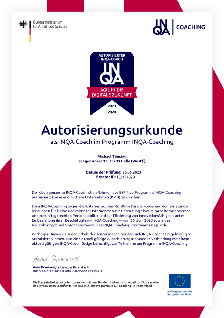 Autorisierungsurkunde für Michael Tönsing, MT MARKETEER, als Autorisierter INQA-Coach im Programm INQA-Coaching - Agil in die Zukunft