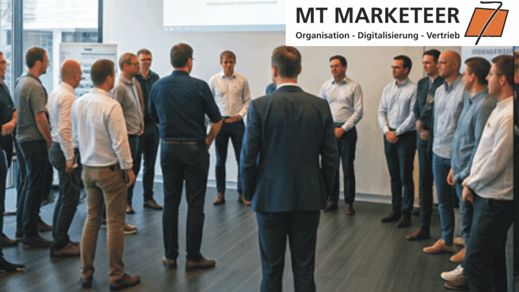 Bild Gemini-generiert - Montage MT MARKETEER. Volles Haus und angeregte Diskussionen.