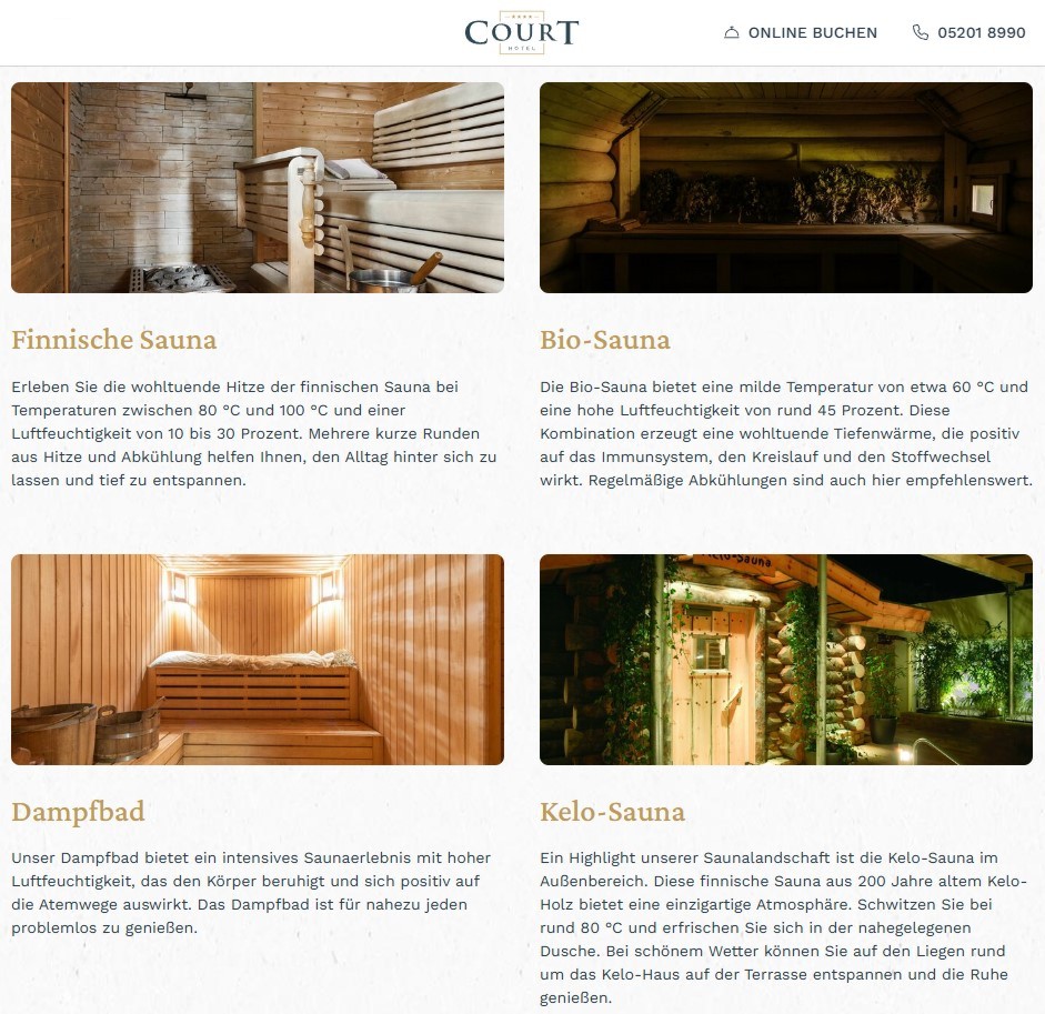 COURT Hotel, Halle (Westf.) - Vier Saunen bringen Sie ins Schwitzen - Saunieren - Im Barfußbereich erwarten Sie vier verschiedene Saunen, die zum Schwitzen und Entspannen einladen. Jede Sauna bietet ihre eigene Atmosphäre und Temperatur, damit Sie die perfekte Entspannung finden können.