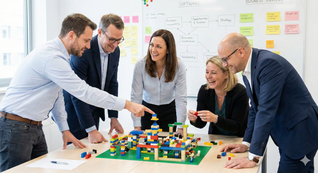 Strategie & Führung: Gemeinsam entwickeln wir Ihre Roadmap. In unseren Workshops wird die Zukunft Ihres Unternehmens "begreifbar" – zum Beispiel durch den Einsatz von Lego-Modellen zur Visualisierung komplexer Strukturen. Bild: Gemini-generiert / Composing MT MARKETEER