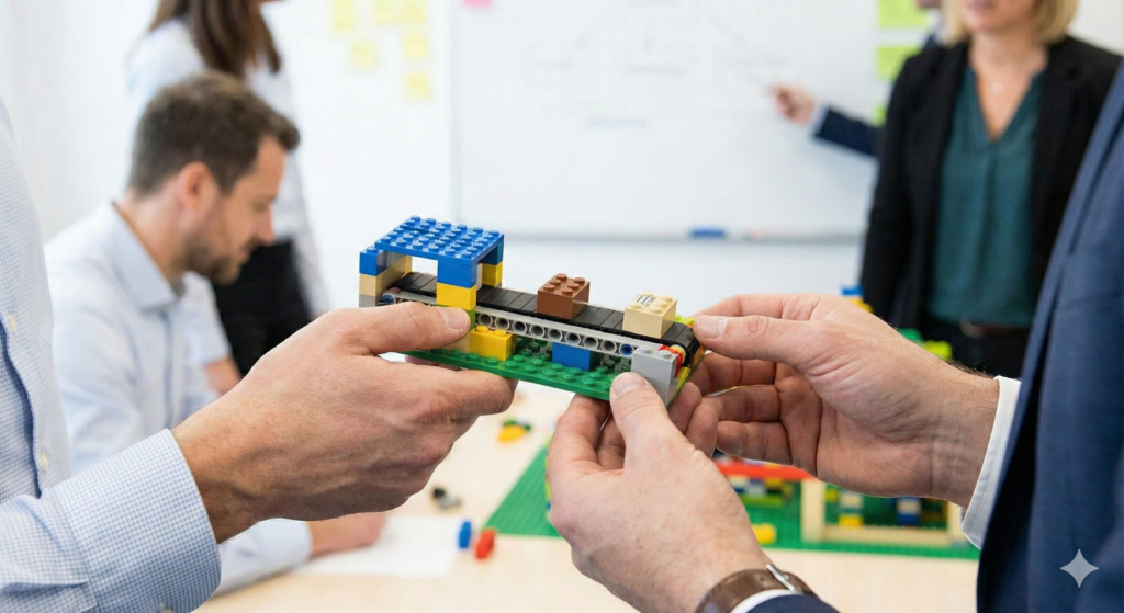 Prozesse verstehen: Wir zoomen ins Detail. Durch das physische Nachbauen von Prozessketten identifizieren wir gemeinsam Schwachstellen und Potenziale – noch bevor die erste Zeile Code geschrieben wird. Bild: Gemini-generiert / Composing MT MARKETEER