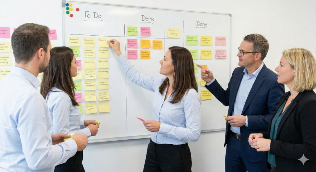 Agile Umsetzung: Wir setzen auf iterative Schritte und kontinuierliches Feedback. Mit Methoden wie Kanban behalten Sie stets den Überblick und können flexibel auf Veränderungen reagieren. Bild: Gemini-generiert / Composing MT MARKETEER