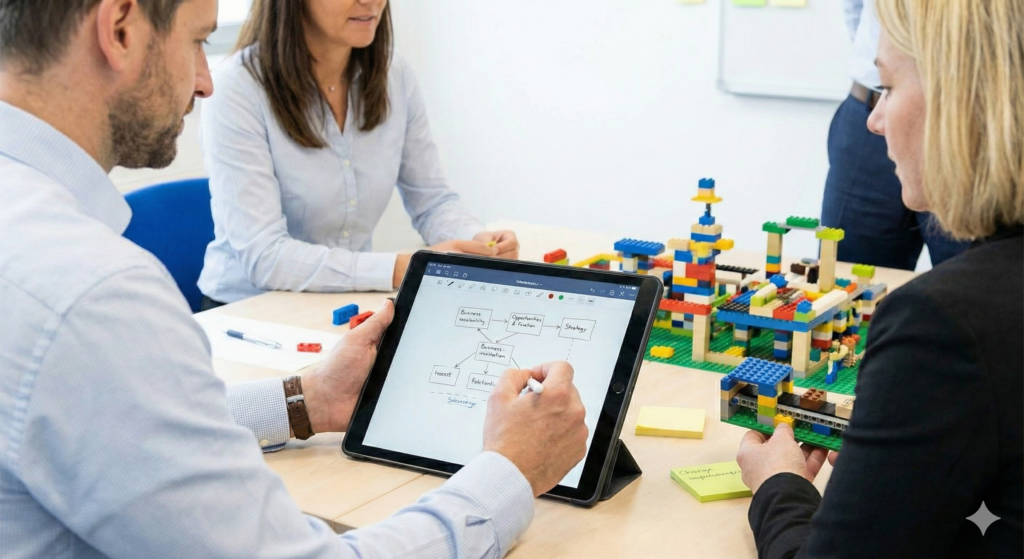 Hybride Zusammenarbeit: Wir verbinden die Vorteile analoger Methoden mit digitalen Tools wie dem MTM-COHUB. So schaffen wir eine moderne Arbeitsumgebung für ortsunabhängige Kollaboration. Bild: Gemini-generiert / Composing MT MARKETEER