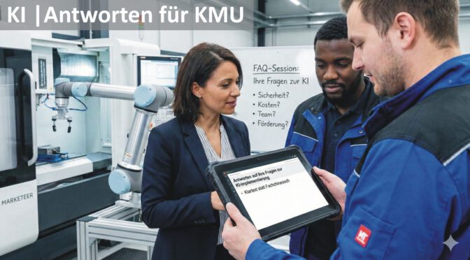 KI-Transformation zum Anfassen: Wir klären Ihre Fragen dort, wo sie entstehen – direkt im Prozess. Ob Sicherheit, Kosten oder Fördermöglichkeiten: In unseren FAQ-Sessions bringen wir Klartext in die Fertigungshalle und das Büro. Bild: Gemini-generiert / Composing MT MARKETEER