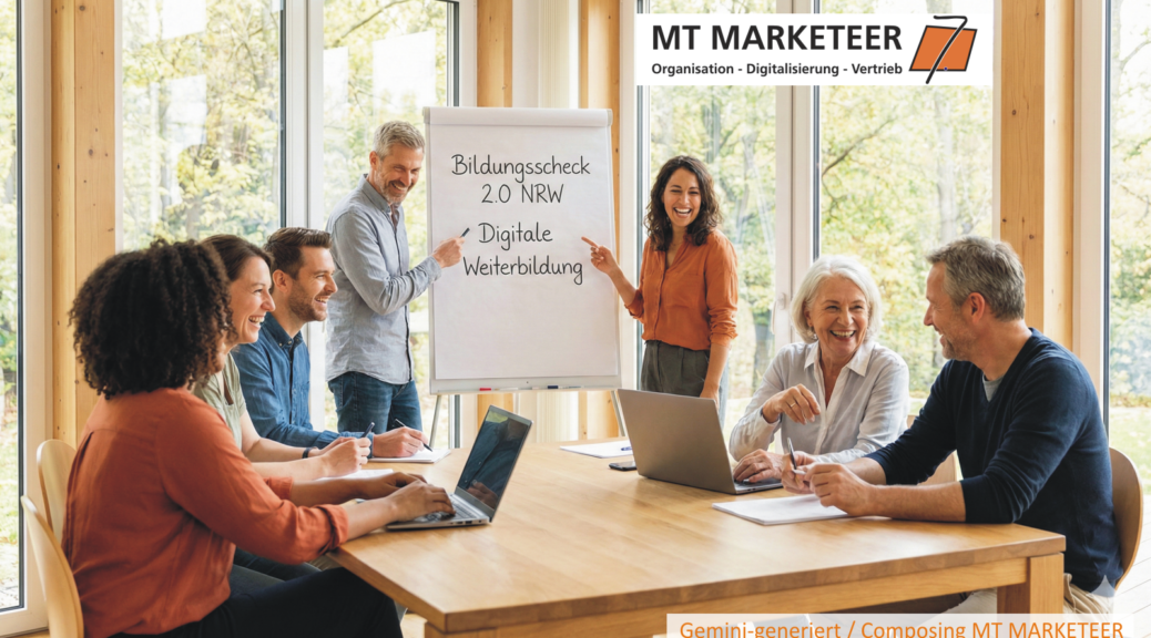 Gute Nachrichten für alle Fachkräfte und Wissensdurstigen in Nordrhein-Westfalen: Das neue Förderprogramm Bildungsscheck 2.0 ist gestartet! 🎓 Wer sich beruflich weiterentwickeln möchte – sei es im Bereich Digitalisierung, Organisation oder moderne Vertriebsstrategien – kann jetzt bis zu 500 € Zuschuss vom Land NRW (aus ESF-Mitteln) erhalten. Gemini-generiert / Composing MT MARKETEER