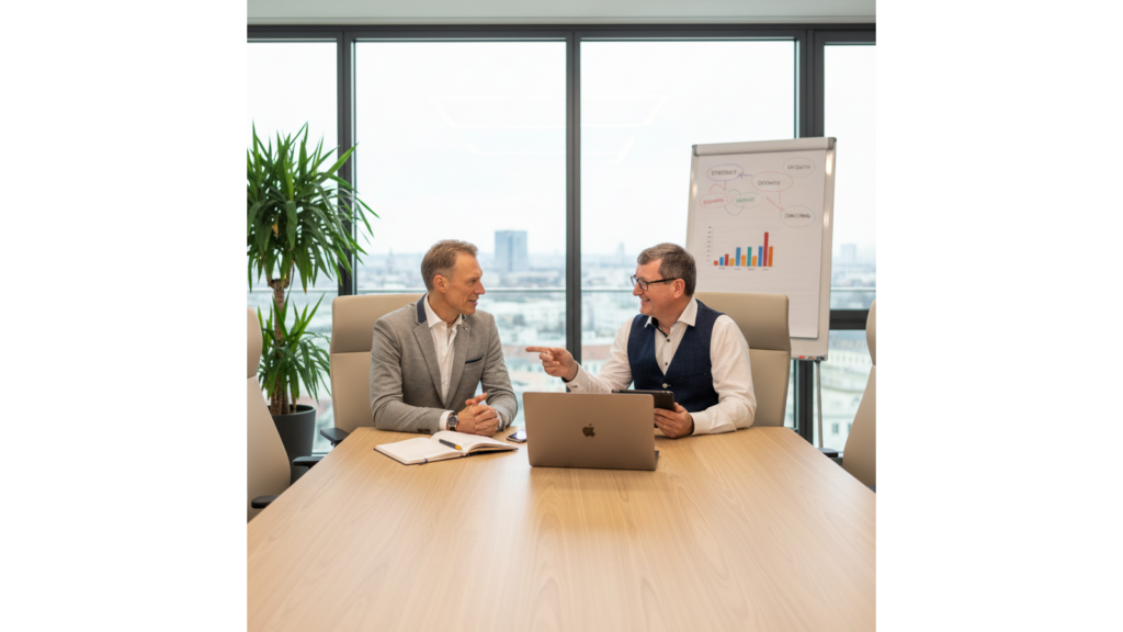 Bildzeile (vlnr): Michael Tönsing (MT MARKETEER), Wilhelm Heidbrede (kfu-Unternehmensberatung)
Gemini-generiert / Composing MT MARKETEER (2026)