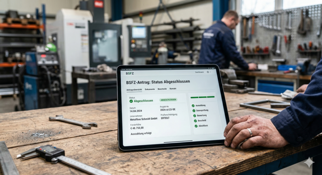 Info vom Tablet: „BSFZ-Antrag: Status Abgeschlossen“ Bild: Gemini-generiert / Composing MT MARKETEER