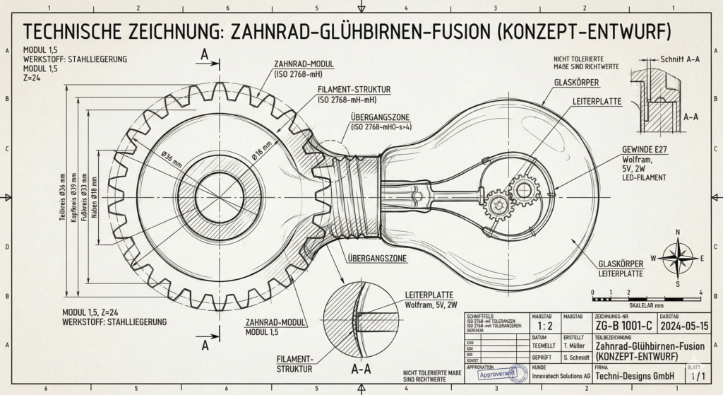 Das könnte DIE Idee sein. Die BSFZ wartet schon. Technische Zeichnung einer noch fikitven Innovation. Fusion von Zahnrad und Glühbirne als Konzept-Entwurf. Bild: Gemini-generiert / Composing MT MARKETEER