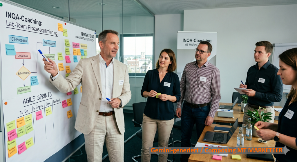Michael Tönsing von MT MARKETEER beim agilen INQA-Coaching mit einem Lab-Team zur Prozessoptimierung. Bild: Gemini-generiert Composing MT MARKETEER