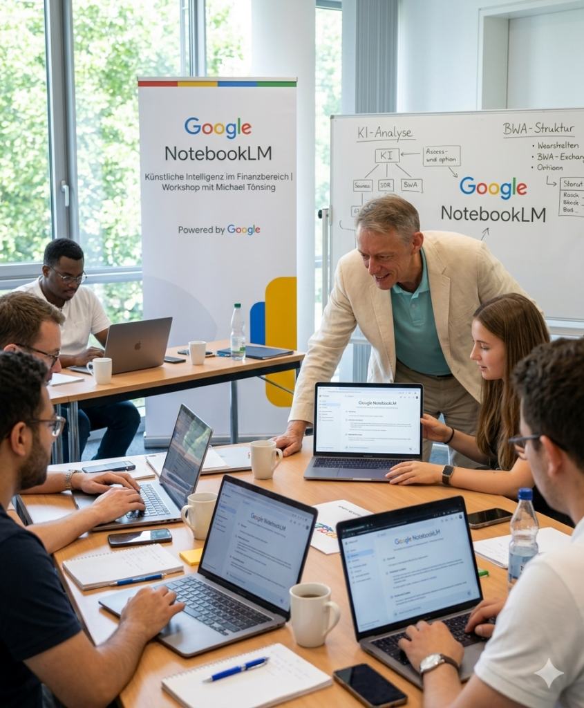 Michael Tönsing (MT MARKETEER) im direkten Austausch mit den Teilnehmenden beim KI-Workshop mit Google NotebookLM. Hier wird nicht lang geredet, sondern auf Augenhöhe gelernt, wie man Zahlen gezielt „verhört“. Bild: Gemini-generiert / Composing MT MARKETEER