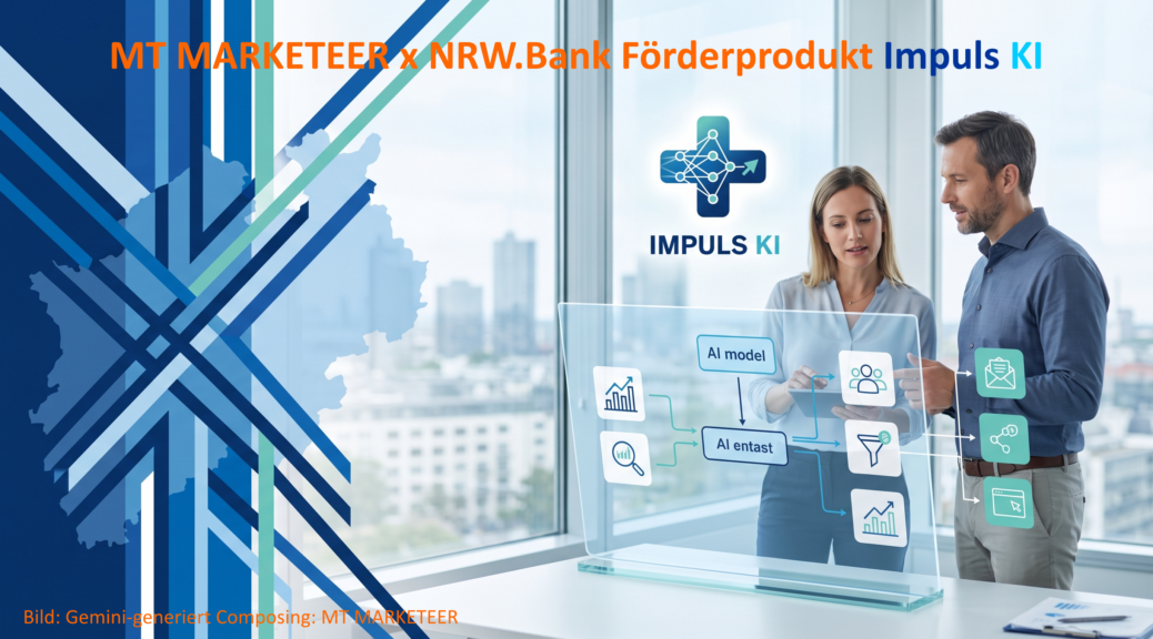 NRW.BANK.Impuls KI: Machen Sie Ihr Unternehmen fit für die Zukunft. Das neue Förderprogramm unterstützt KMU in Nordrhein-Westfalen mit bis zu 25.000 € Zuschuss (50 %) bei der Vorbereitung und Testung von künstlicher Intelligenz. Jetzt von unserer Fachexpertise für Ihren KI-Einstieg profitieren! Bild: Gemini-generiert / Composing: MT MARKETEER