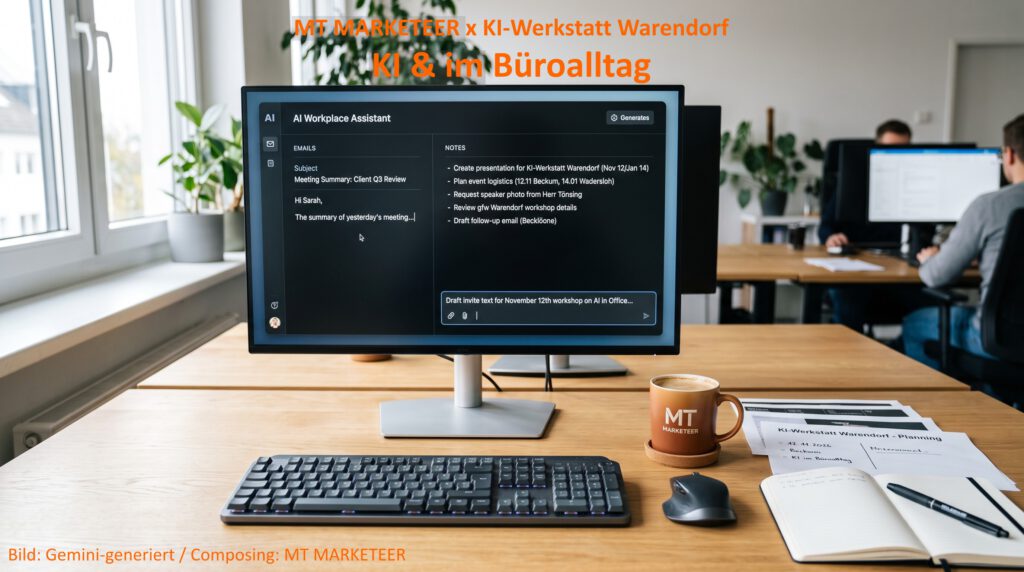 Aufgeräumter Arbeitsplatz mit Monitor, auf dem ein KI-Assistent E-Mails und Protokolle im Büro bearbeitet. KI im Büroalltag: Entlastung bei Korrespondenz, Protokollen und Kundenservice für mehr Zeit fürs Wesentliche. Bild: Gemini-generiert / Composing MT MARKETEER