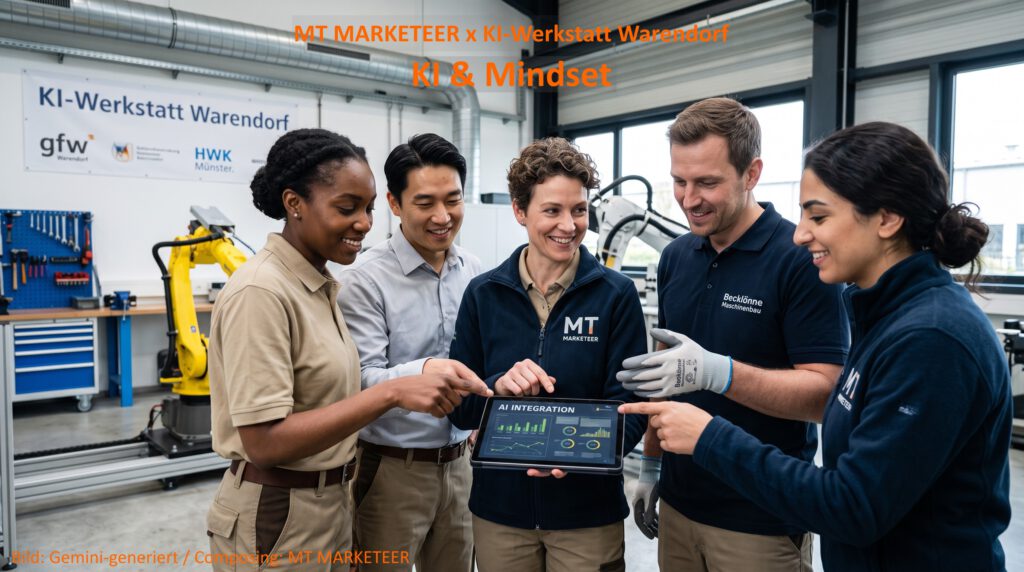 Ein Team in einer Werkstattumgebung betrachtet gemeinsam eine KI-Anwendung auf einem Tablet. Digitalisierung gelingt nur gemeinsam: KI-Integration unter aktiver Einbindung der Belegschaft. Bild: Gemini-generiert / Composing MT MARKETEER