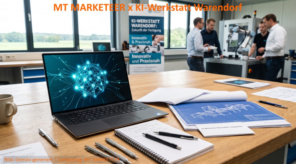 Modernes Büro in einem Mittelstandsbetrieb mit Notebook, Plänen und KI-Netzwerkgrafik auf dem Bildschirm. KI greifbar machen: In der KI-Werkstatt-Reihe zeigen wir mittelständischen Unternehmen praxistaugliche Wege zur Digitalisierung. Bild: Gemini-generiert / Composing MT MARKETEER